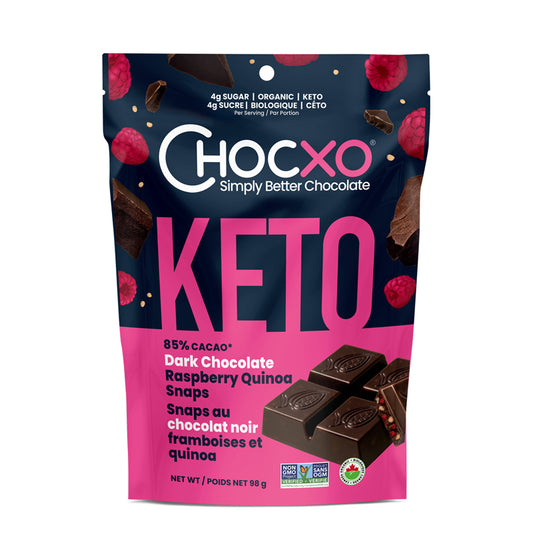 chocxo 4g sucre 85% cacao cétogène chocolat noir biologique framboise quinoa sans OGM                                             
