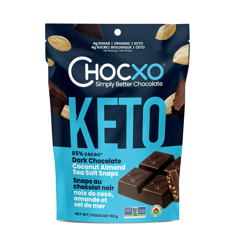 chocxo cétogène chocolat 85% cacao noix de coco amandes sans gluten sel de mer 4g sucre biologique