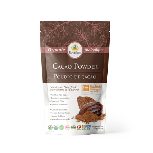 Ecoideas poudre de cacao biologique superaliment source de magnésium source de fibre vegan sans ogm 227g