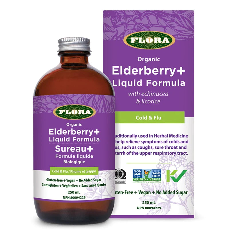 Flora Sureau+ Formule liquide Rhume et grippe sans gluten végétalien sans sucre ajouté 250 ml