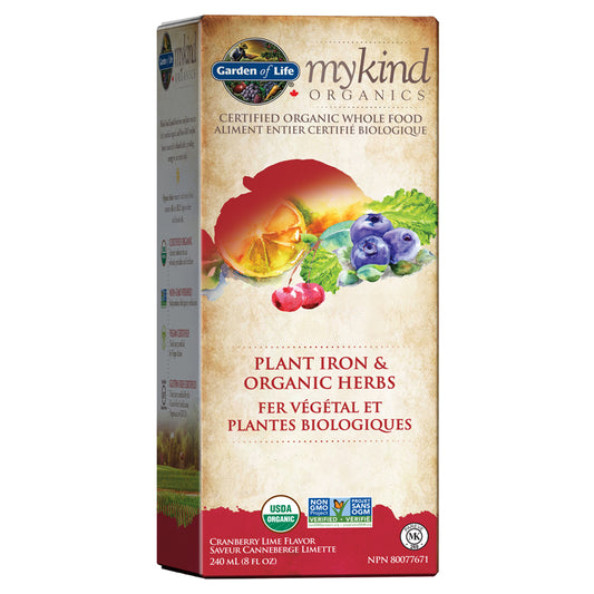 Garden of life mykind organics fer végétal et plantes biologiques saveur canneberge limette 240 ml