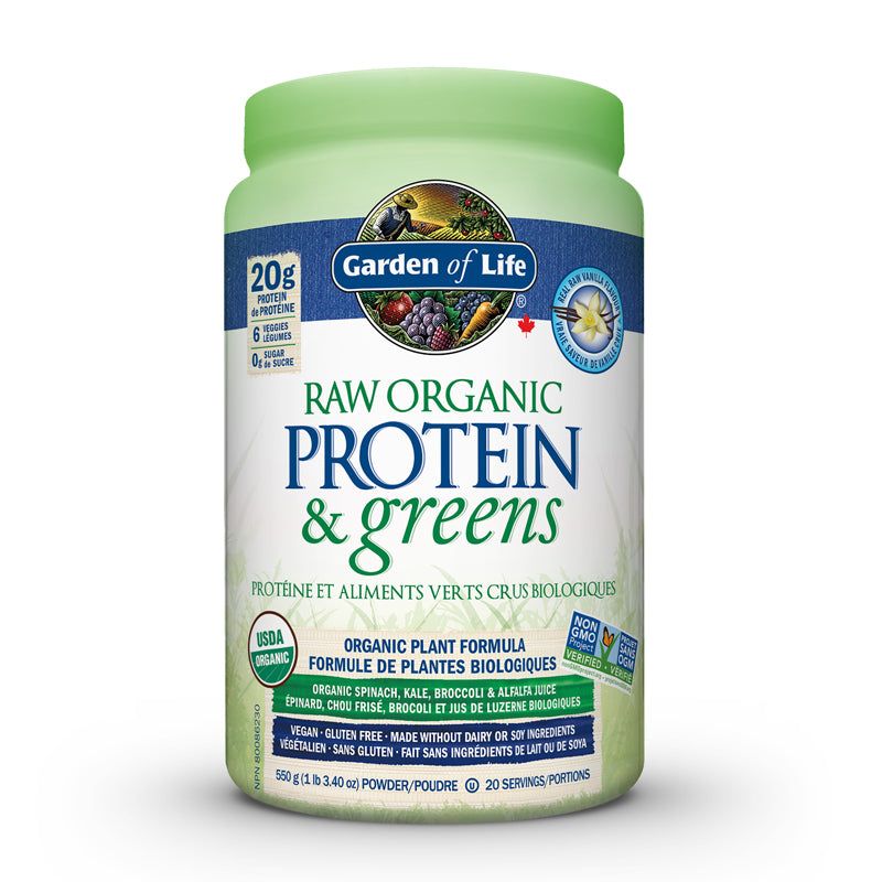 Garden of life protéine aliments verts crus formule de plantes biologiques saveur de vanille 550 g