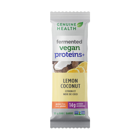Genuine Health barre fermentée veganproteins+ citron et noix de coco sans gluten sans OGM 14g protéines 55g