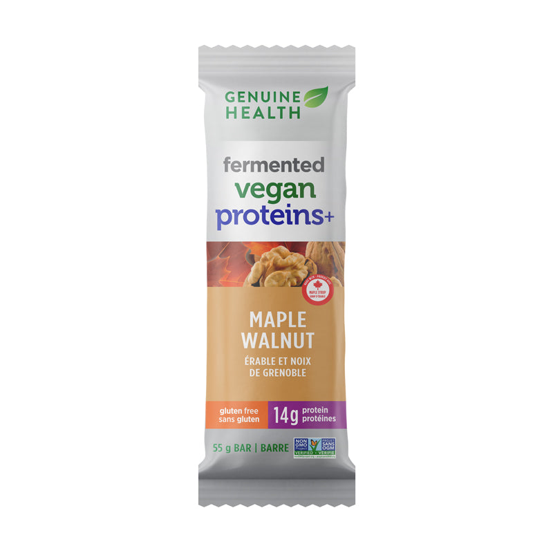 Genuine Health barre fermentée veganproteins+ érable nois de grenoble sans gluten sans ogm 14g protéines 55g
