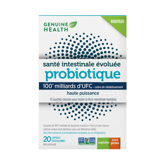Genuine Health probiotique santé intestinale évoluée 100 milliards d'ufc haute puissance végétalien sans gluten 20 capsules végétariennes