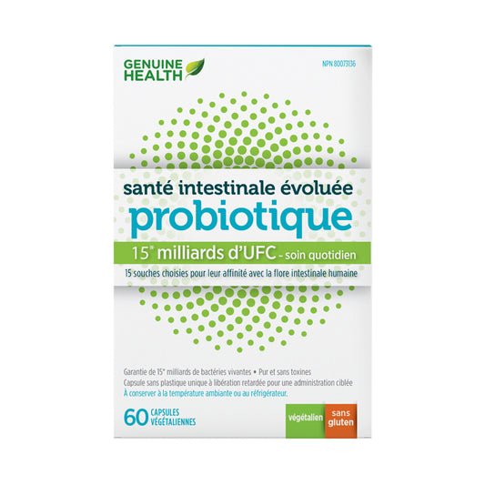 Genuine Health probiotique santé intestinale évoluée 15 milliards d'ufc soin quotidien végétalien sans gluten 60 capsules végétariennes