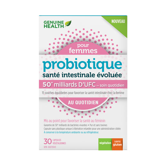 Genuine Health probiotique santé intestinale évoluée 50 milliards d'ufc soin quotidien pour femmes végétalien sans gluten 30 capsules végétariennes
