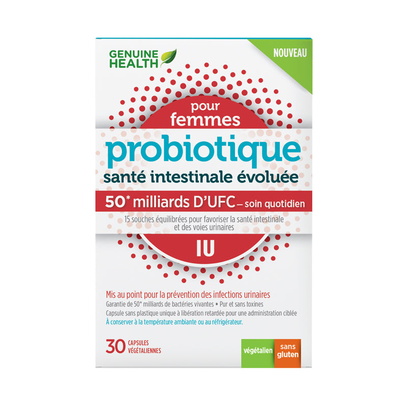 Genuine Health probiotique santé intestinale évoluée 50 milliards d'ufc soin quotidien pour femme iu végétalien sans gluten 30 capsules végétariennes