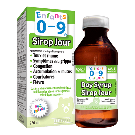 Homeocan Sirop Jour Enfants 0-9 Toux et rhume Symptômes de la grippe Congestion Accumulation mucus Courbatures Fièvre