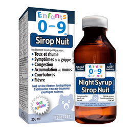 Homeocan Sirop Nuit Enfants 0-9  Thoux rhume Symptômes de la grippe  Congestion Accumulation de mucus Courbatures Fièvre