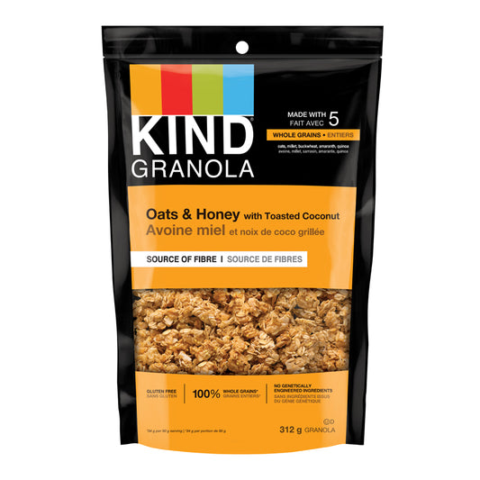 Kind Granola Avoine Et Miel Avec Noix De Coco Grillée Sans gluten Source de fibres sans OGM Ingrédients naturels
