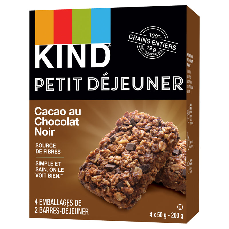 Kind Barres Petit Déjeuner Chocolat Noir Cacao  100% grains entiers Source de fibres Sans gluten