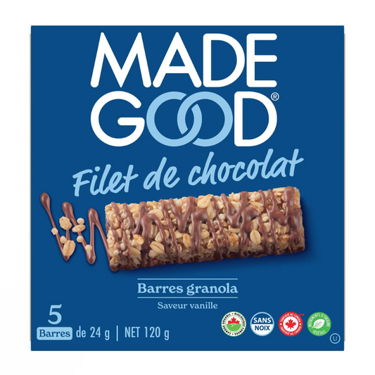 made good barres granola filet chocolat saveur vanille sans noix sécuritaire milieu scolaire biologique nutriments origine végétale sans noix 5 barres 24 g net 120 g