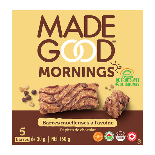 made good mornings nutriments extraits fruits et légumes barres moelleuses avoine pépites chocolat sans noix 5 barres 30 g net 150 g