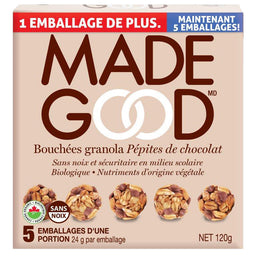 made good bouchées granola pépites chocolat sans noix sécuritaire milieu scolaire biologique nutriments origine végétale 5 emballages portions 24 g net 120 g