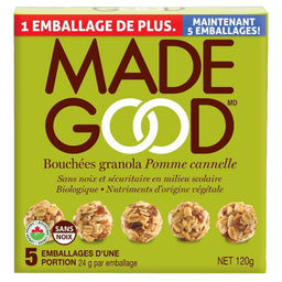 made good bouchées granola pomme cannelle sans noix sécuritaire milieu scolaire biologique nutriments origine végétale 5 emballages portions 24 g net 120 g
