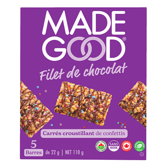 made good carrés croustillant de confettis filet de chocolat sans noix nutriments origine végétale biologique5 barres 22 g net 100 g