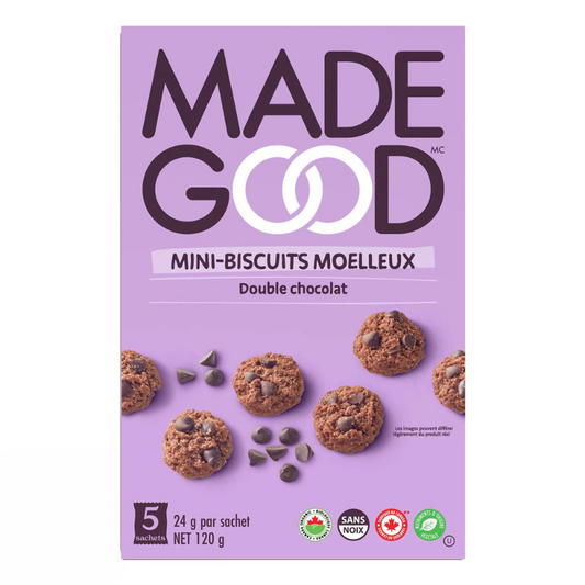 made good mini-biscuits moelleux double chocolat sans noix sécuritaire milieu scolaire biologique nutriments origine végétale sans ogm sans gluten 5 emballages portion 24 g net 120 g