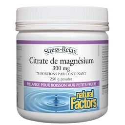 Natural factors stress relax citrate magnésium 300 mg poudre petits fruits 