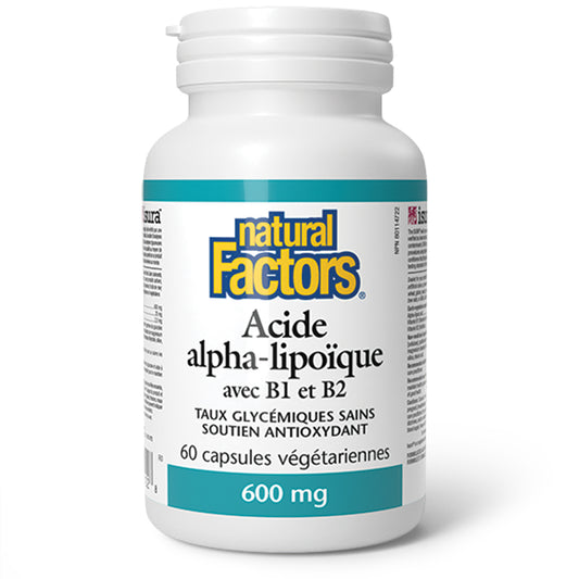 Natural Factors Acide Alpha-Lipoïque Avec B1 et B2 Glycémie Antioxydant Végane Sans gluten