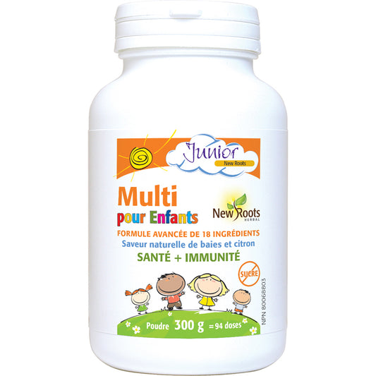 New Roots Herbal Multi pour Enfants Santé + Immunité Sans Sucre 18 ingrédients Saveur naturelle baies et citron 94 doses