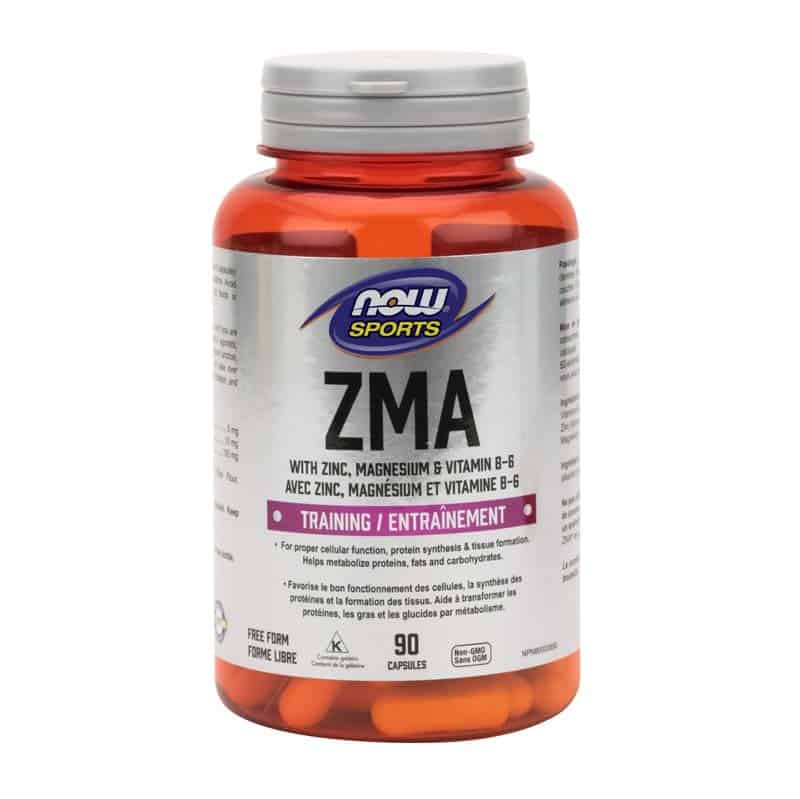 now sports zma zinc magnésium vitamine b-6 entraînement favorise bon fonctionnement cellules synthèse protéines formation tissu  forme libre sans ogm 90 capsules