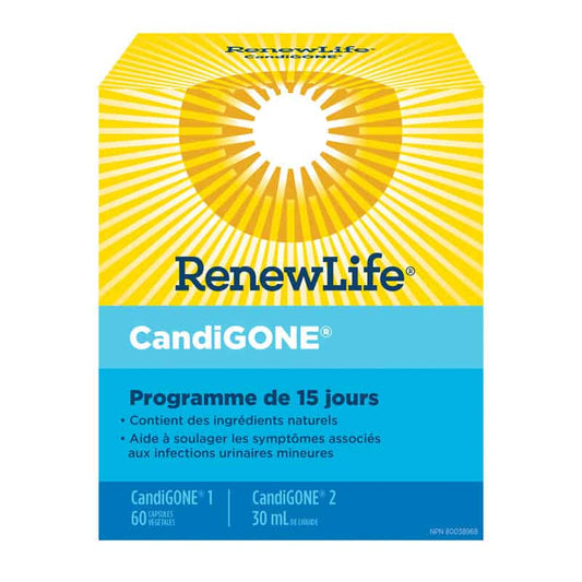 renewlife candigone programme 15 jours ingrédients naturels soulager symptômes infections urinaires mineures 60 capsules végétales 30 ml liquide