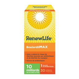 renewlife boulardiimax aide réduire risque diarrhée antibiotiques diarrhée du voyageur source probiotiques 10 milliards cultures actives 1 souche probiotiques 30 capsules végétales