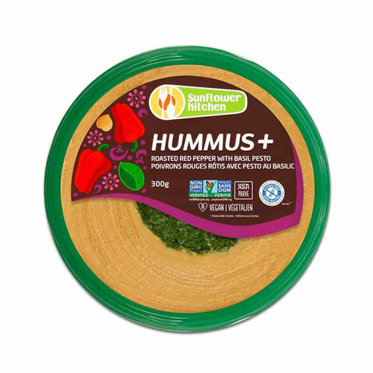 Hummus + poivrons rouges rôtis avec pesto au basilic||Hummus + Roasted red pepper with basil pesto