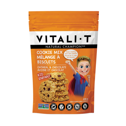 vitali-t mélange à biscuits avoine et chocolat enfant sans ogm sans arachides végétalien sans gluten 4 g protéines végétales 3 g fibres 430 g